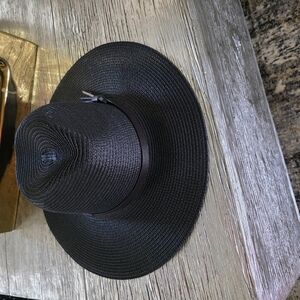 Black Wide-Brimmed Straw Hat with Textured Weave